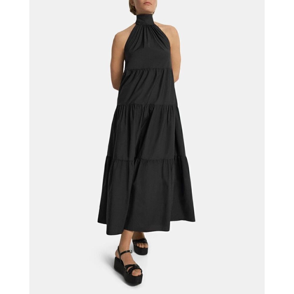 Theory Women's Cotton Blend Tiered Bow Halter A-line Maxi Dress Black Med D050